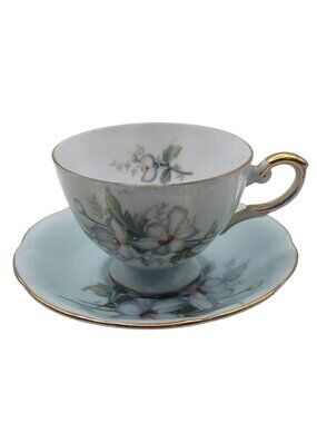 Vintage Cherry China Blue Dogwood Porcelain Tea Cup Saucer Gold Trim Japan MCM